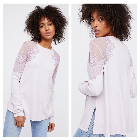 Free People Tops - Lace-Detail Long Sleeve Blouse - Light Pink